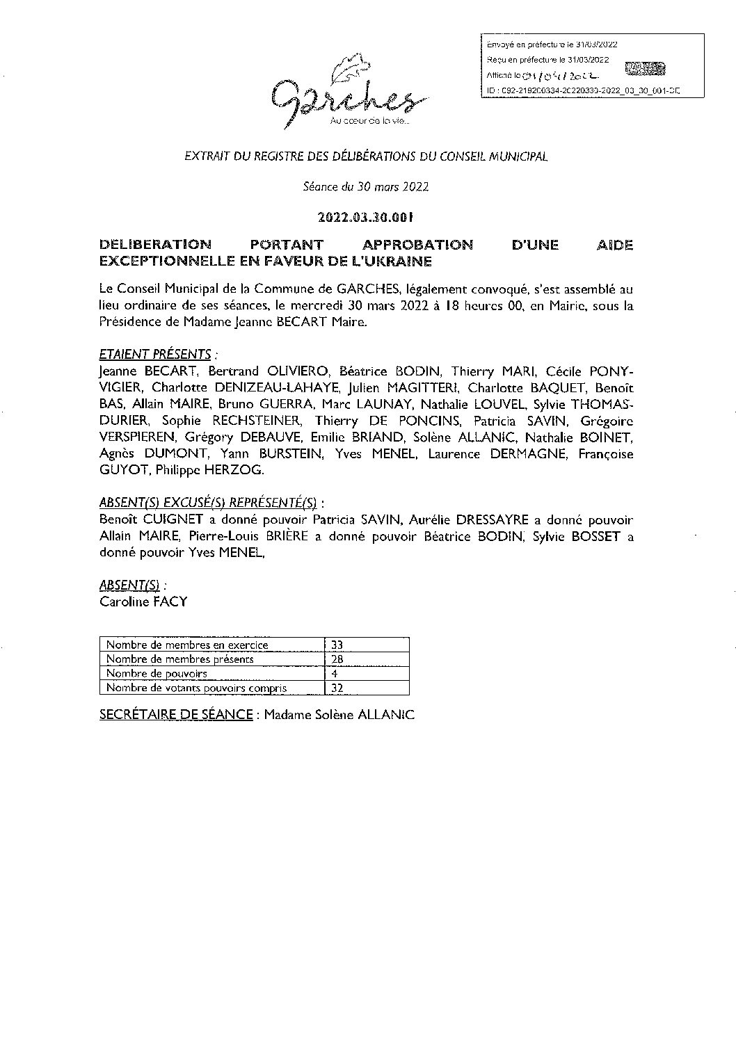 Délibérations et Annexes budgétaires du Conseil Municipal du mercredi 30 mars 2022